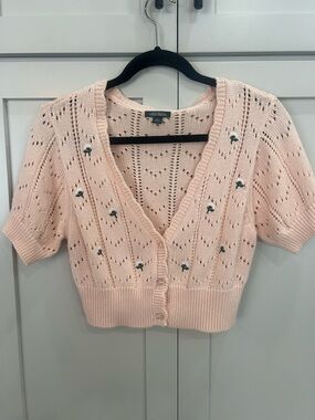 wild fable Pale Pink Short-Sleeve Eyelet Cardigan with Floral Embroidery Medium